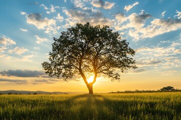 Fototapeta premium Silhouette of a tree in a field with sunset sky