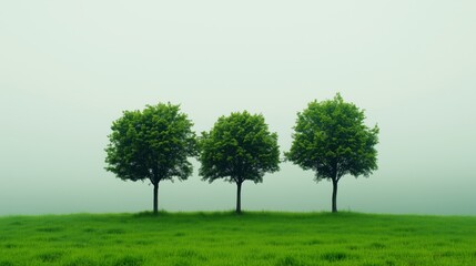Fototapeta premium Solitary trees in a natural green field. Beautiful nature trees in minimalist style on a green grass field.