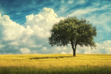 Obraz premium Lone Tree in a Golden Field with Blue Sky and Fluffy Clouds