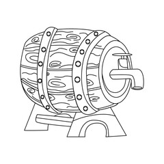 Black and white icon of a wooden keg with alcohol on a white background. Barrel with beer, wine, rum. Cask from oak wood with metal rings, keg bottle alcohol storage. Oktoberfest
