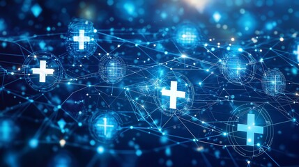 Abstract background featuring neural network patterns with medical cross symbols, illustrating AI in healthcare