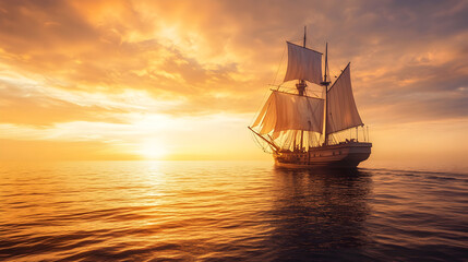 Fototapeta premium Tall ship with full sails gliding through calm seas at sunset with golden light