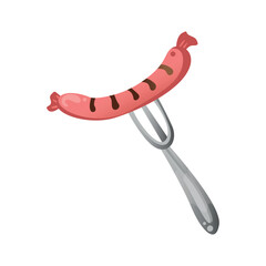 Grilled sausage on a fork colored icon isolated on white background. Meat food vector illustration. Delicious meal label, sticker, symbol for cafe, shop, and restaurant.