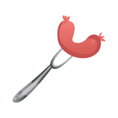 Grilled sausage on a fork colored icon isolated on white background. Meat food vector illustration. Delicious meal label, sticker, symbol for cafe, shop, and restaurant.