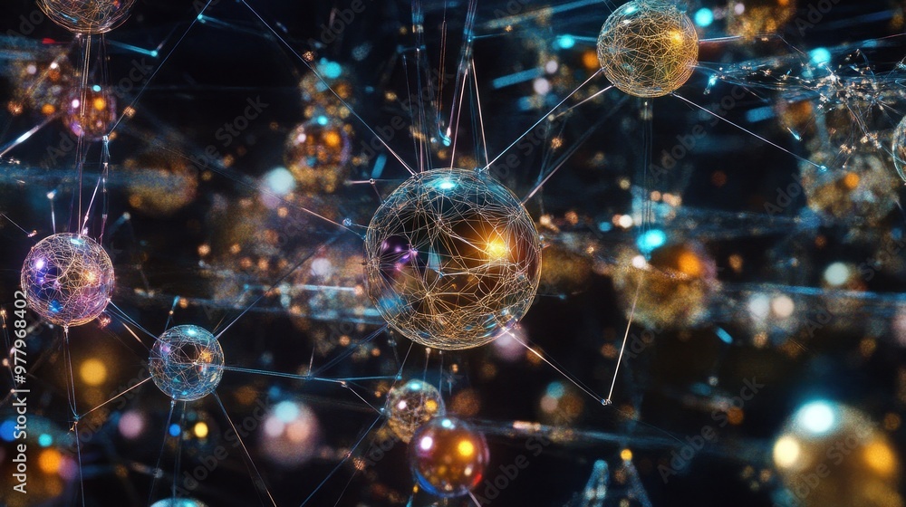 Poster abstract spherical structures interconnected by thin threads in a glowing space