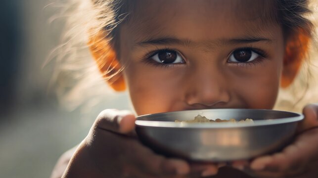 Young girl is holding a bowl of food, her eyes wide with a mixture of hope and uncertainty. The image evokes themes of poverty, hunger, and the need for compassion