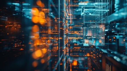 Abstract data visualization with glowing digital elements in orange and blue