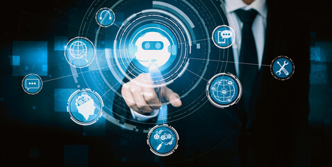 AI Chatbot smart digital customer service application concept. Computer or mobile device application using artificial intelligence chat bot automatic reply online message to help customers instant uds