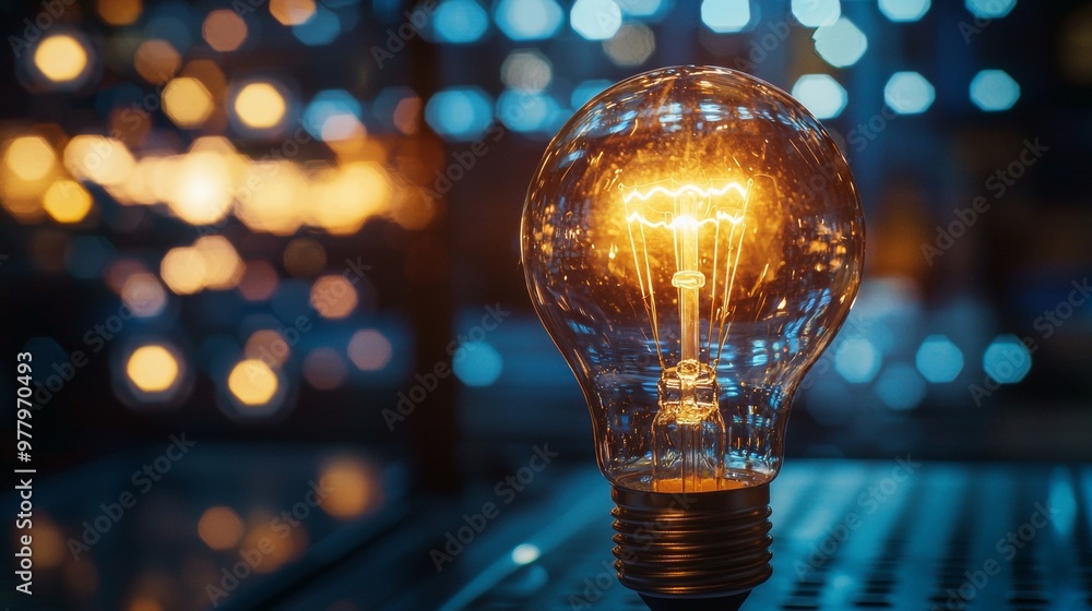 Poster glowing lightbulb with bokeh lights in the background symbolizing innovation