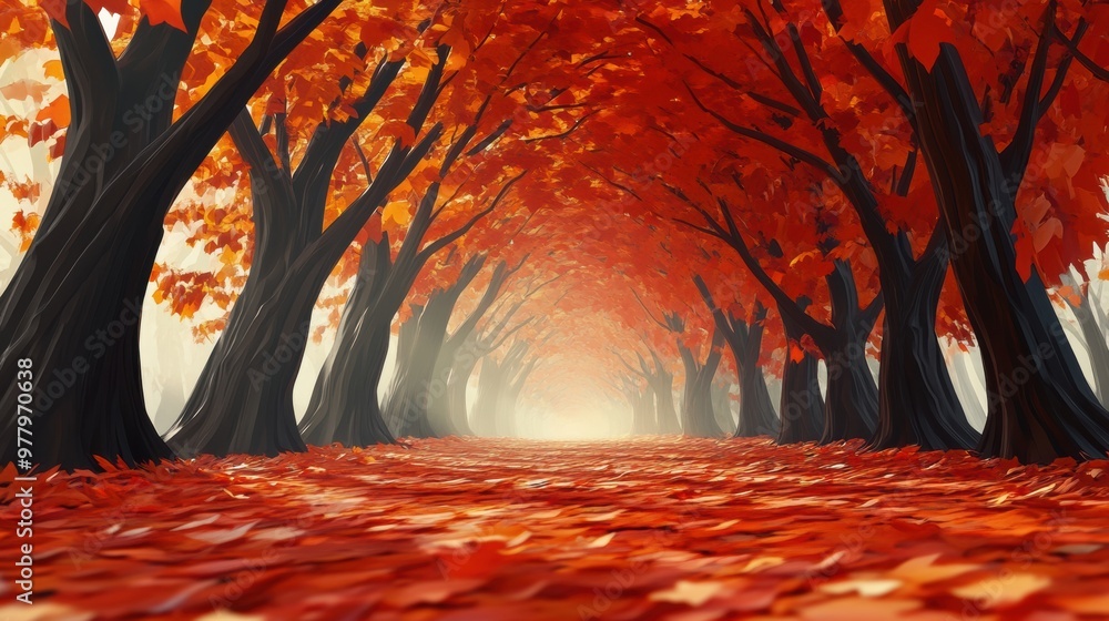 Canvas Prints a path of leaves and trees in a forest with reds, oranges and yellows, ai