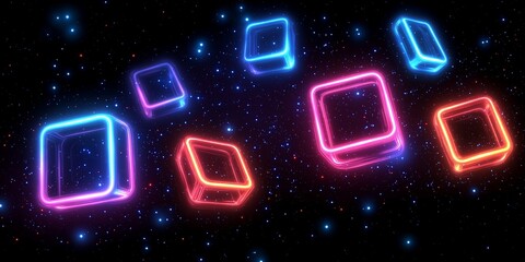 Obraz premium Glowing neon cubes in vibrant pink and blue colors float against a dark background filled with twinkling stars, creating a futuristic and cosmic scene