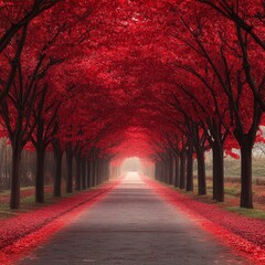 Serene road lined with red maple trees in autumn