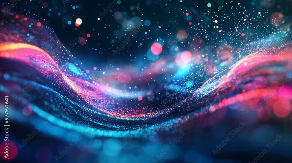 Poster abstract colorful wave of particles in a digital environment