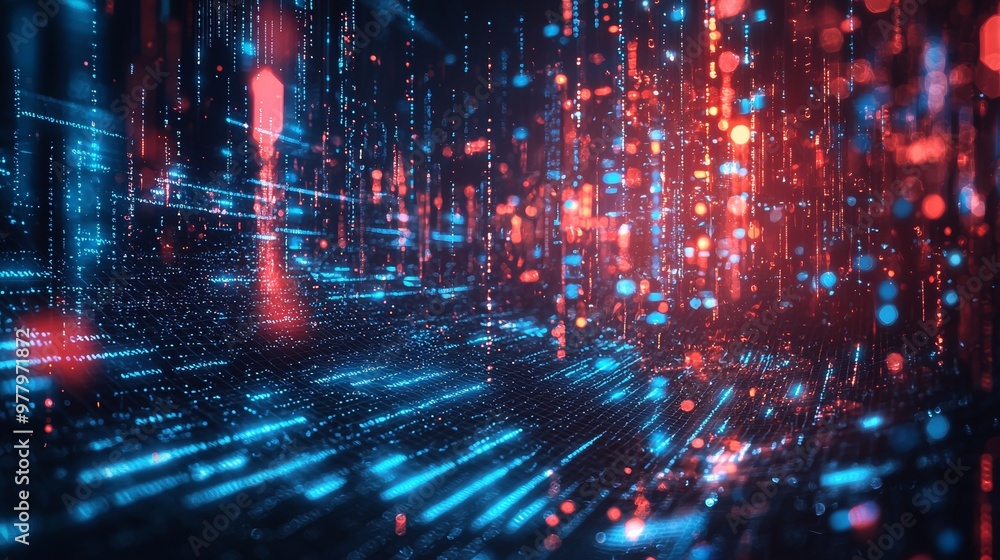 Poster digital data streams with blue and red light in a futuristic scene