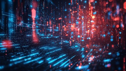 Obraz premium Digital data streams with blue and red light in a futuristic scene