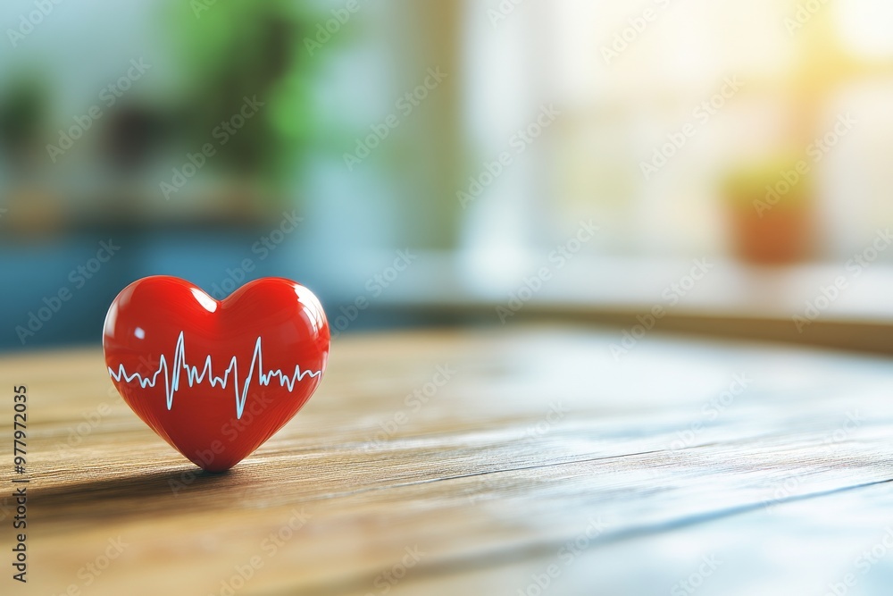 Poster small red heart with ecg line on a wooden table symbolizing simplicity love and the continuous monit