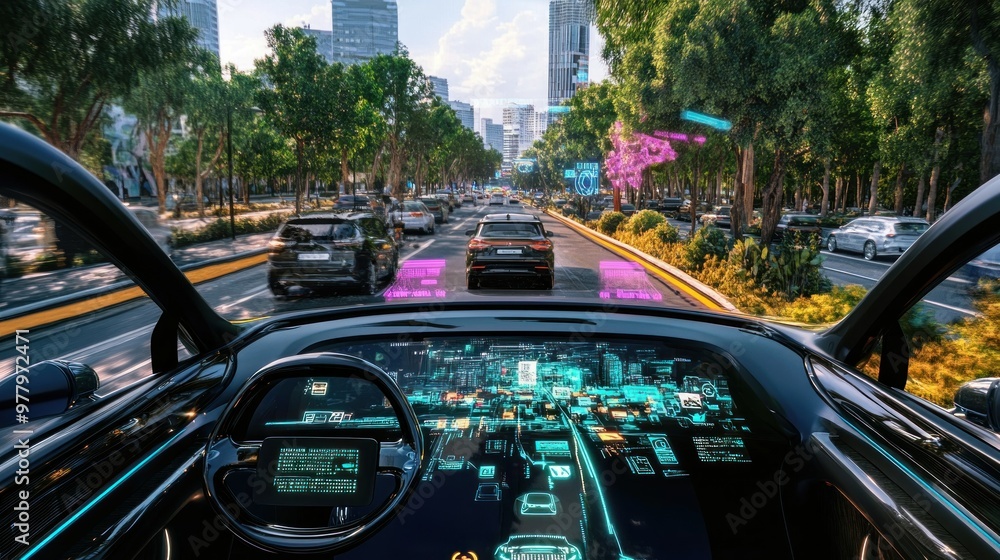 Poster futuristic car dashboard with augmented reality display while driving in city