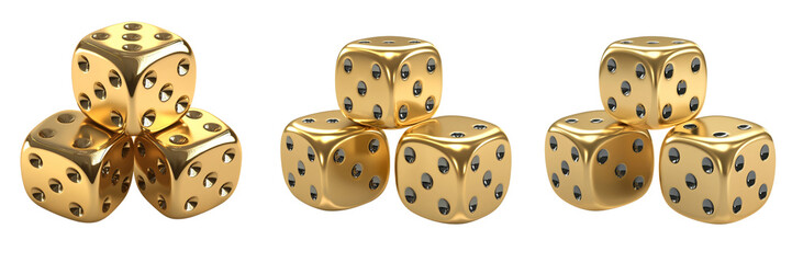 Collection set 3D render of golden dice on a transparent background  cutout, PNG file 