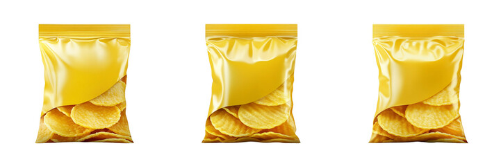 Collection set 3D realistic potato chip bag illustration, yellow package on a transparent background  cutout, PNG file. Mockup template
