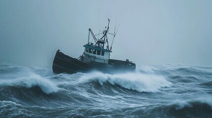 Obraz premium Fishing trawler battling rough waves during a coastal storm with grey skies