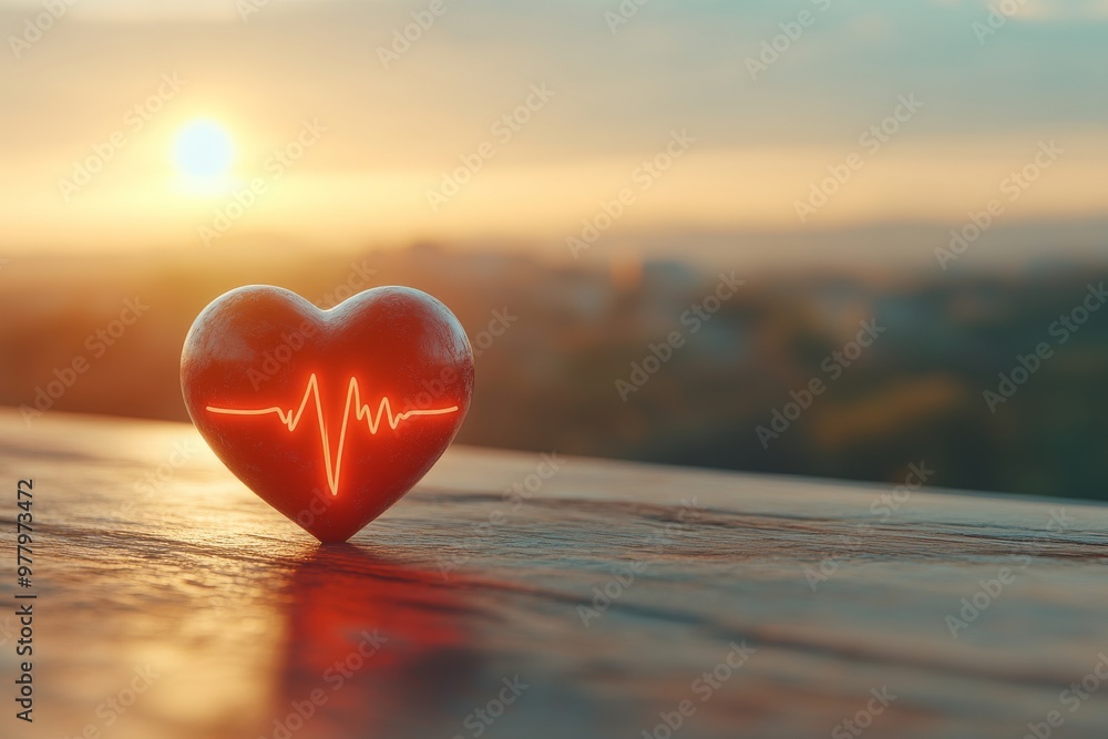 Poster glass heart with glowing ecg line in front of a bright window symbolizing vitality health and the se
