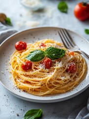 Spaghetti with tomato sauce, parmesan and basil. white plate, minimalistic light background, light from the window. spaghetti with cheese and cherry tomatoes