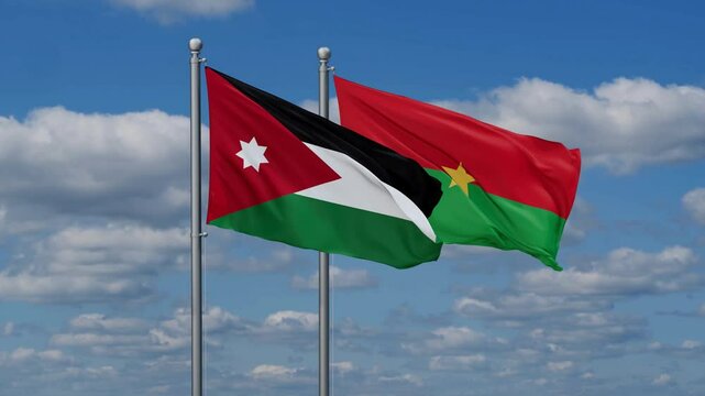 Burkina Faso and Jordan flags flying together, video concept of the relationship, two country relations concept
