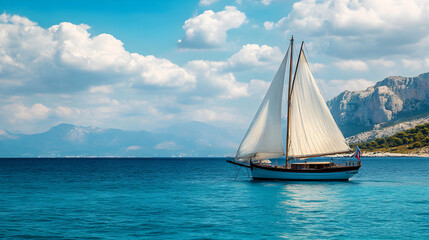 Fototapeta premium Traditional sailboat in the Mediterranean with vibrant blue waters and distant mountains