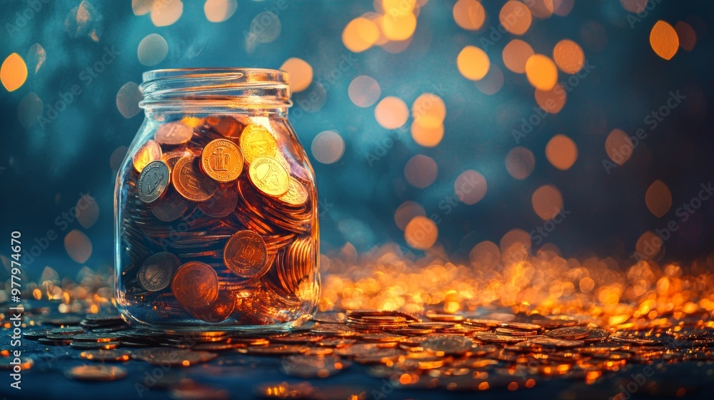 Poster jar of coins with sparkling bokeh background