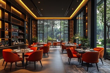 Fototapeta premium Presentday hospitality a bustling restaurant where the energy and warmth of the staff create an inviting atmosphere for all guests