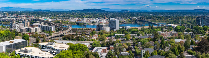 Portland Oregon Skyline Willamette River Downtown Aerial Drone View Parks and Buildings 