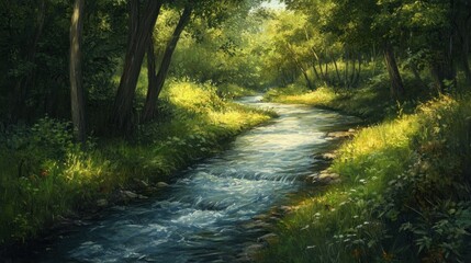 Obraz premium A Sunlit Stream Winding Through a Verdant Forest