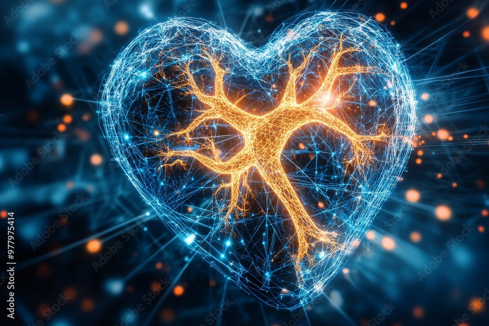Poster blue glowing heart with neural connections and ecg lines symbolizing the integration of health techn