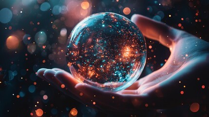 Hand holding crystal ball with glowing particles