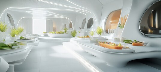 Futuristic food service offering dietary accommodation through 3Dprinted meals customized spot match each guest's dietary profile creating truly personalized dining experience depicted abstract design