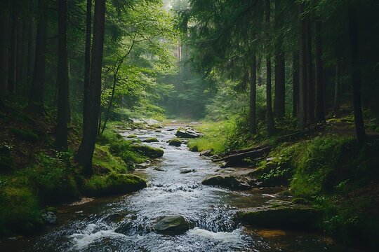 Tranquil creek flowing through a lush green forest with sunlight streaming through the trees