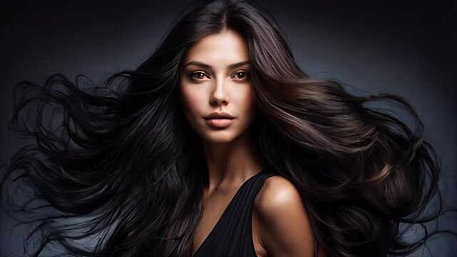 Young woman with healthy long black hair. Glossy wavy beautiful hair