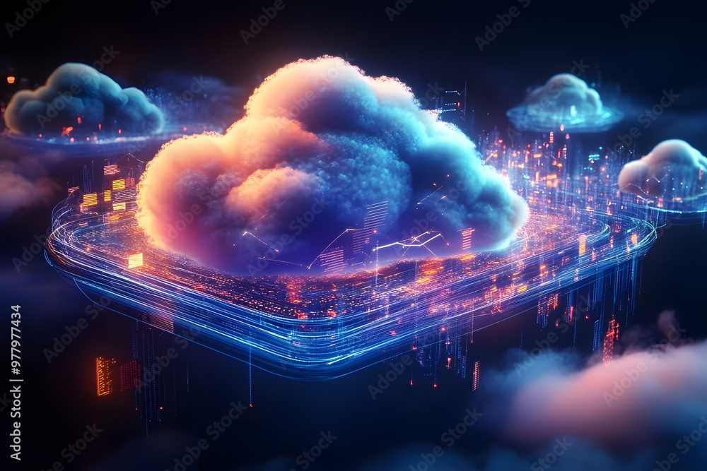 Poster cloud computing transfer big data on internet. futuristic digital technology 