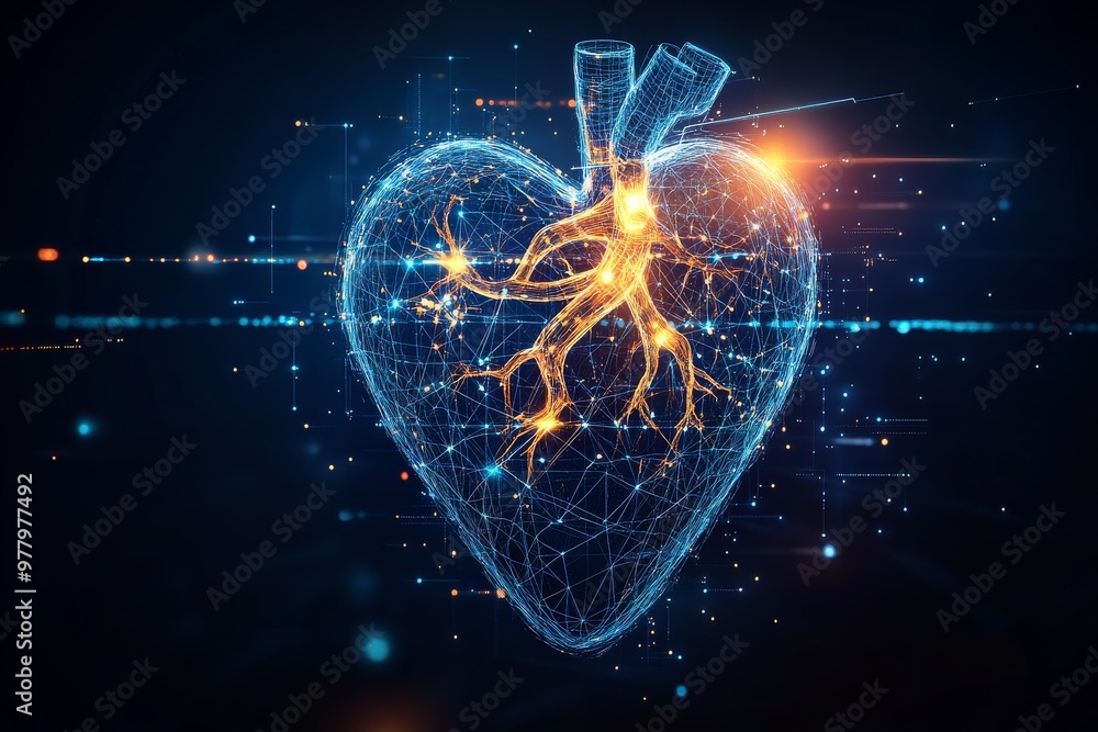 Poster blue digital anatomical heart with neural networks and glowing ecg lines symbolizing the future of h