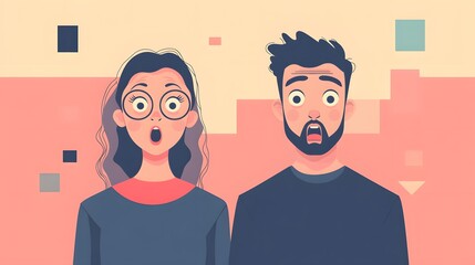 Stylized man and woman expressing surprise in bold artistic style with modern geometric elements