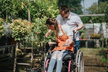 Two young adults, one with Down syndrome and the other in a wheelchair, enjoy a gardening activity...