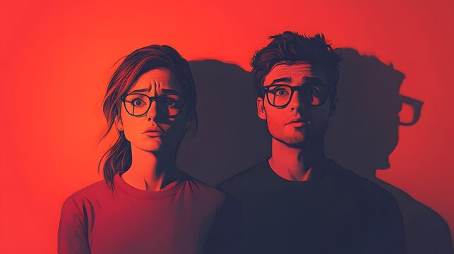 Retro-styled couple with surprised expressions set against a vibrant red background