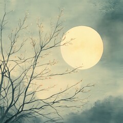 Watercolor Full Moon with Tree Branches Creating a Dreamy Landscape