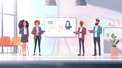 Obraz premium Diverse Business Team Discussing Data on Whiteboard in Modern Office