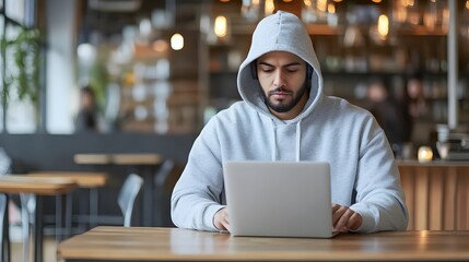 Fototapeta premium Man in a Hoodie Using Laptop in a Cafe