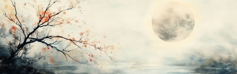 Watercolor Full Moon with Tree Branches Creating a Dreamy Landscape