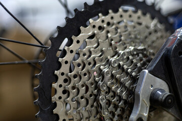 Detail of the bicycle rear derailleur cassette chain, close-up