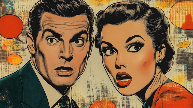 Naklejki Vintage comic art style man and woman with surprised expressions and abstract background
