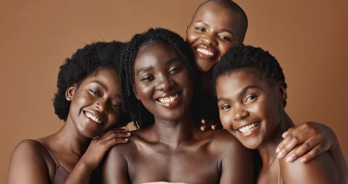 Face, skincare and funny with black woman friends in studio on a brown background for natural wellness. Portrait, beauty and smile with a group of happy people laughing for antiaging treatment