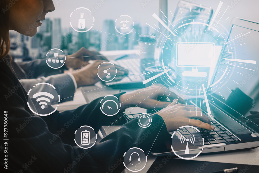 Poster multimedia and computer applications concept. business people using technology of digital gadget wit